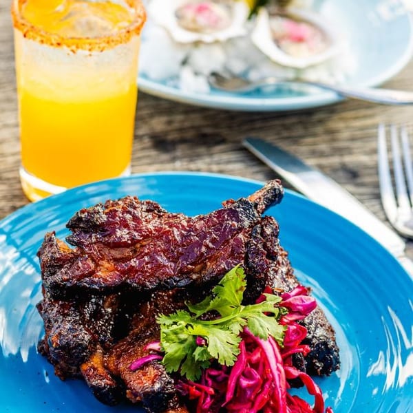 Glazed ribs with red cabbage slaw and cilantro on a blue plate, with a drink and oysters.