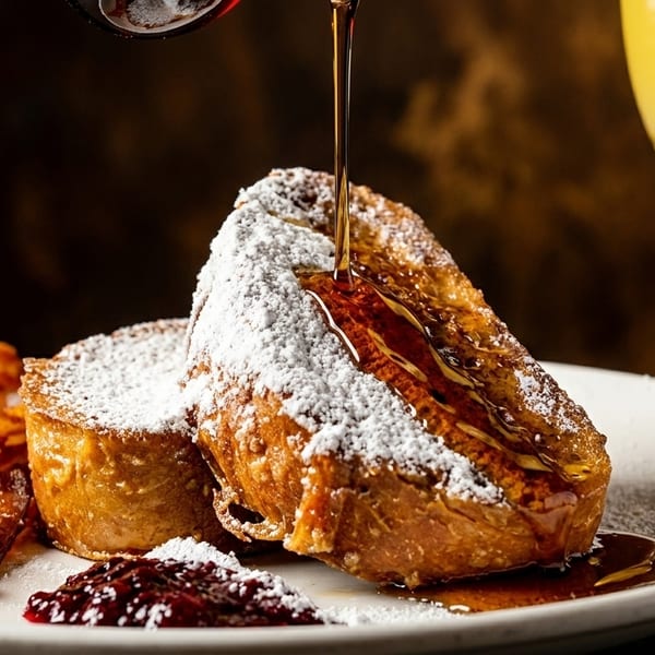 Maple syrup pouring over powdered sugar French toast with bacon and jam, alongside a mimosa.
