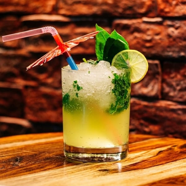 A mojito cocktail with lime, mint, and a decorative straw on a wooden table against a brick wall.
