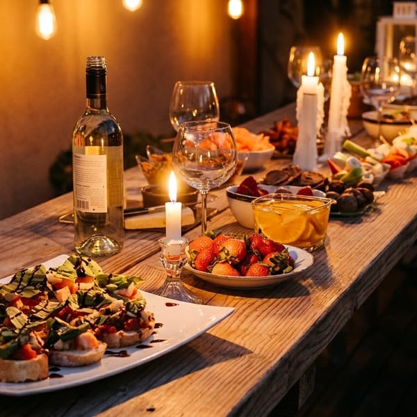 A rustic wooden table laden with appetizers, wine, and candles, creating a warm evening ambiance.