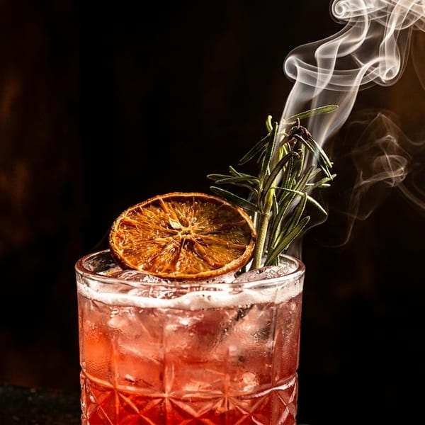 Smoky red cocktail with a dried orange slice and rosemary sprig against a dark background.