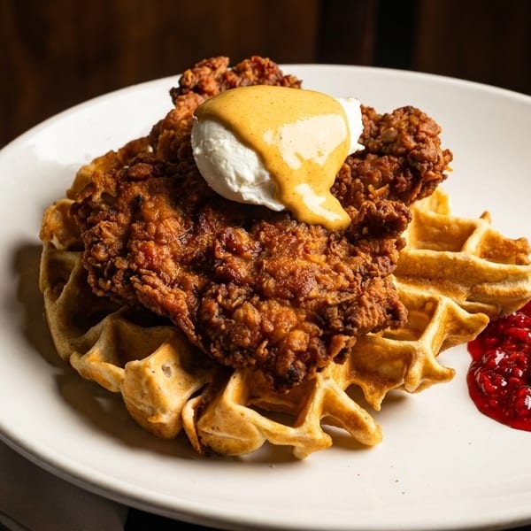Crispy fried chicken and waffles topped with a poached egg, hollandaise, and raspberry jam.