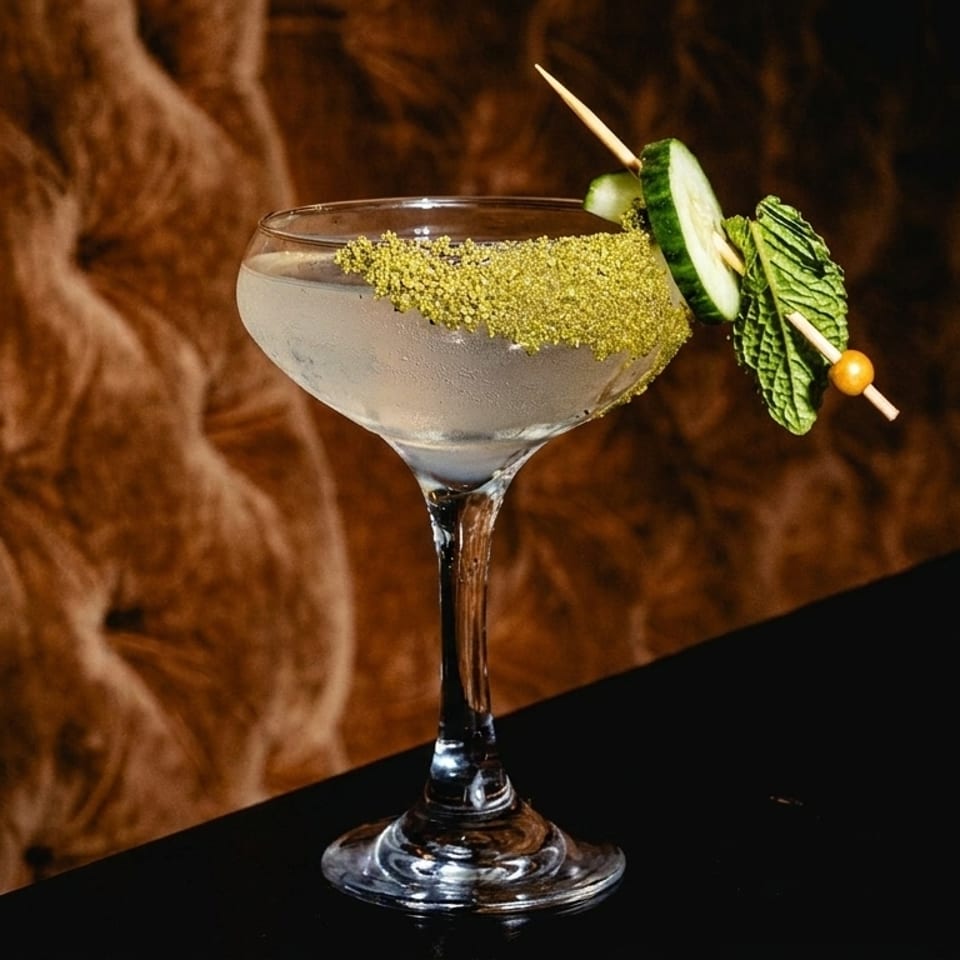 A cocktail in a coupe glass, garnished with green sugar, cucumber, and mint, on a dark surface.