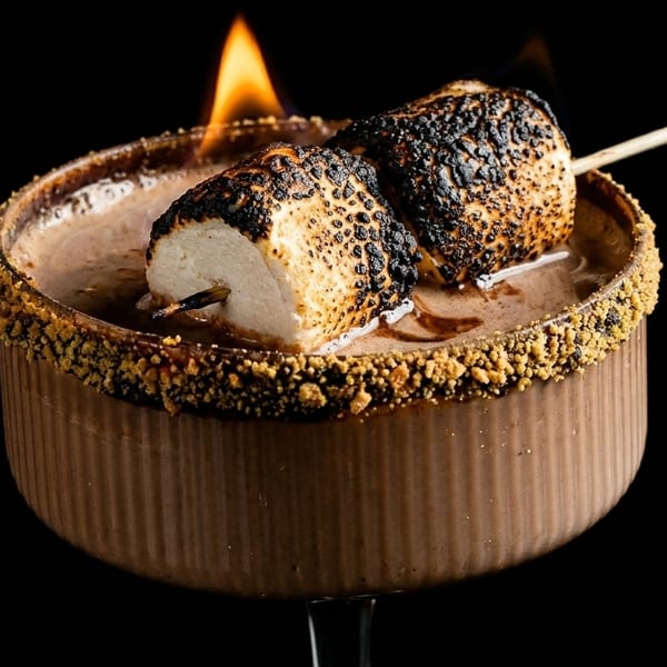 Chocolate cocktail with a graham cracker rim, topped with two flaming, toasted marshmallows on a skewer.